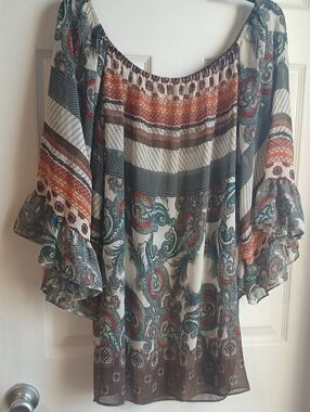 Women’s Boho Off-Shoulder Floral Paisley Top in Teal and Rust,  Emma Rose Sz1X